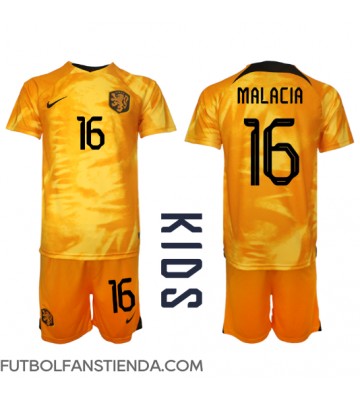 Países Bajos Tyrell Malacia #16 Primera Equipación Niños Mundial 2022 Manga Corta (+ Pantalones cortos)